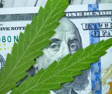 Cannabis leaf lies on top of American one hundred dollar bills, close up. Money from marijuana, hemp with money. Taxation and marijuana concept, weed tax