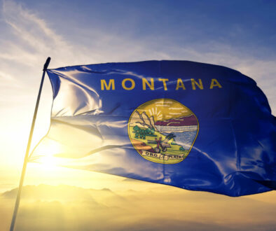 Montana state of United States flag waving on the top sunrise mist fog