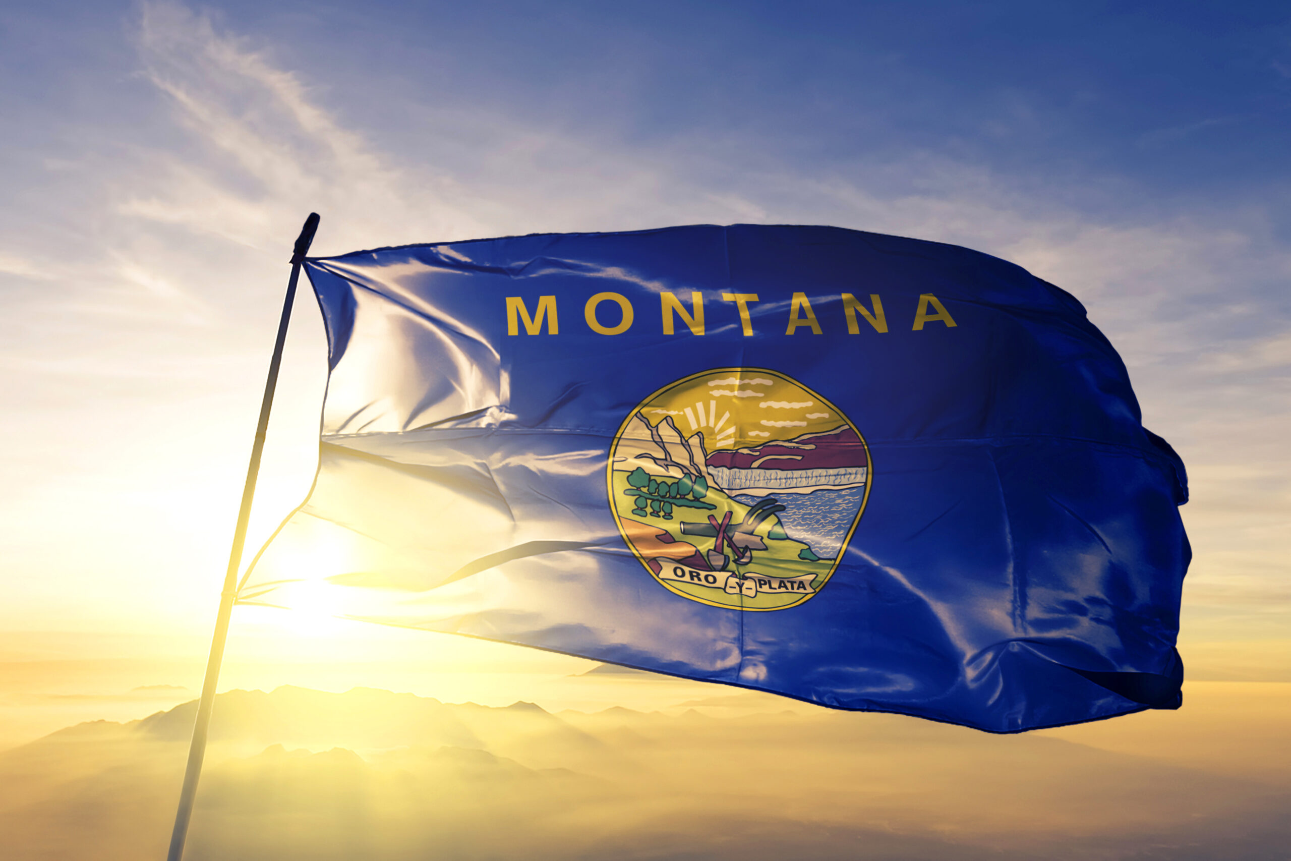 Montana state of United States flag waving on the top sunrise mist fog